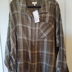 2X Olive green and white button down plaid top NWT
